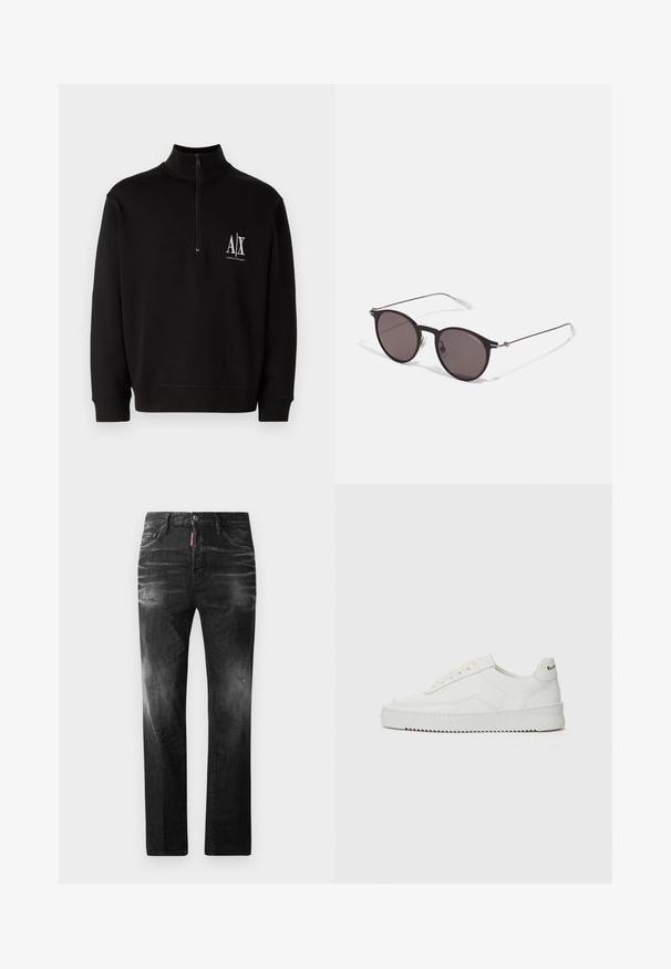 Felpa nera con zip realizzata in misto cotone. Presenta un colletto alto, polsini a coste e un piccolo logo bianco sul lato sinistro del petto.; Jeans in denim nero con vestibilità dritta. Presentano aree sbiadite, leggeri segni di usura, classico design a cinque tasche e chiusura con bottone.; Sneaker in pelle bianca con una finitura liscia, punta rotonda, lacci piatti e suola testurizzata. Presenta un logo discreto sul tallone.; Occhiali da sole neri rotondi con lenti scure e sottili bracci in metallo. Include punte trasparenti e accenti argentati alla cerniera. Design minimalista.