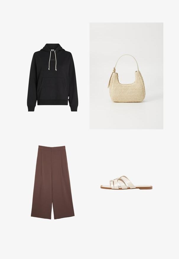 Čierna mikina s kapucňou vyrobená z mäkkej tkaniny, s klokankou, sťahovacou kapucňou s krémovými šnúrkami a jemným logom na hrudi.; Hnedé nohavice so širokými nohavicami a hladkou textúrou, s vysokým pásom a prednými skladmi. Tkanina je ľahká a voľne sa pohybuje.; Ploché sandále s hnedou gumovou podrážkou, navrhnuté s tromi prekrývajúcimi sa bielymi koženými popruhmi a malou mašličkou uprostred.; Tkaná slamenná kabelka v béžovej farbe s oblým tvarom, krátkym uškom a bočným zipsom. Má textúrovaný povrch a minimalistický dizajn.