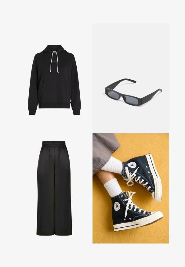 Black hoodie made of soft fabric, featuring a kangaroo pocket, drawstring hood with cream-colored cords, and subtle logo detailing on the chest.; Black wide-leg pants made of smooth, shiny fabric with an elastic waistband and no visible pockets or hardware details.; Black high-top canvas sneakers with white laces and rubber soles, featuring a round Converse All Star logo on the outer side.; Black rectangular sunglasses with dark lenses and thick matte frames. The arms are slightly tapered with a smooth texture.