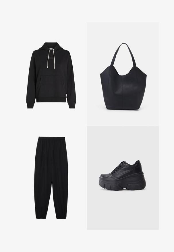 Melnā kapuce, izgatavota no mīksta auduma, ar kengura kabatu, kapuces saites krēmkrāsā un smalku logotipa detaļām uz krūtīm.; Melnas, vieglas bikses ar elastīgu jostu un savilktiem potītiem. Audums ir gluds un to raksturo brīva, sašaurināta forma.; Melni šņorējami sporta apavi ar biezu zoli, ar gludu ādas augšdaļu, noapaļotu purngalu un izteiktu slāņveida platformas dizainu.; Melnas rokassomas, kas izgatavota no gludas ādas, ar izliekto atvērto augšu, divām plecu jostām un minimālistisku dizainu.