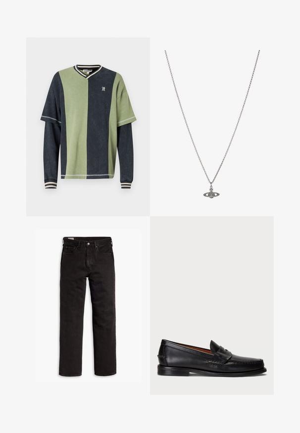 The Ragged Priest JOCK - Sweatshirt - green/black; Jean en denim noir à jambes droites avec cinq poches, fermeture à bouton et passants de ceinture, posés à plat sur un fond blanc.; Mocassin en cuir noir avec un bout arrondi, des détails cousus et une sangle décorative à l'avant. Semelle plate avec un profil minimal.; Collier en chaîne en argent présentant un pendentif détaillé en forme de planète, orné de petites accents et de motifs complexes.