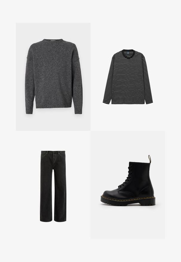 Ciemnoszary sweter z wpuszczanymi włóknami, z długimi rękawami, okrągłym dekoltem oraz prążkowanymi mankietami i dołem, prezentowany na białym tle.; Czarny i biały t-shirt z długim rękawem wykonany z miękkiej bawełny. Posiada okrągły dekolt i kontrastowy czarny ściągacz kołnierza.; Czarne dżinsy o szerokich nogawkach z wysokim stanem, z klasycznym pięciopunktowym krojem oraz delikatnym wyblaknięciem dla uzyskania teksturowanego wyglądu.; Czarne skórzane botki sięgające do kostki z sznurowanym przodem, żółtym przeszyciem, zaokrąglonym czubkiem i grubą, teksturowaną gumową podeszwą.