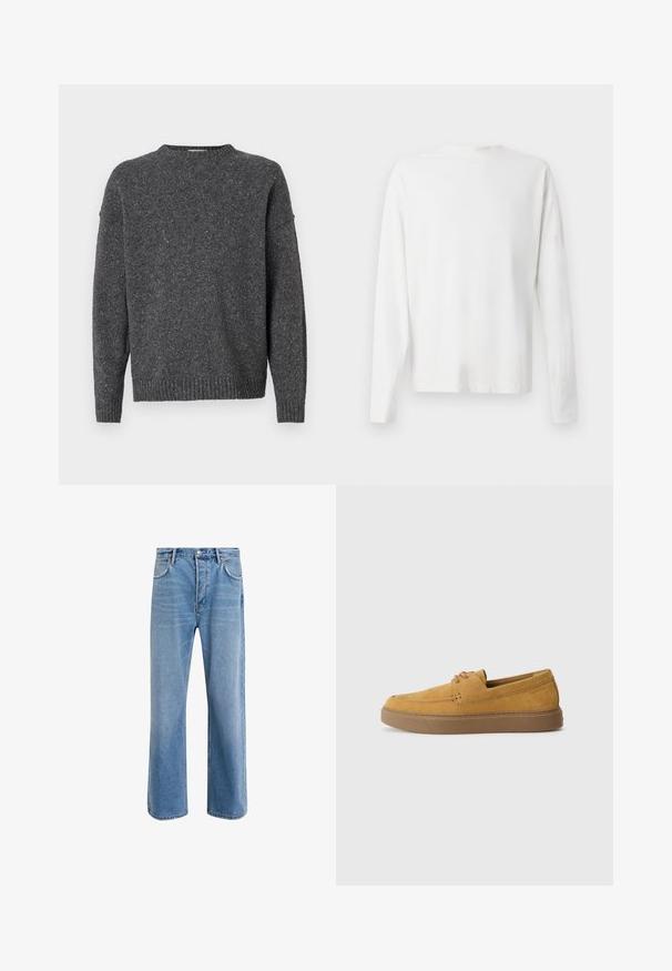 Mørkegrå spraglete strikkegenser med lange ermer, rund hals og ribbestrikkede ermer og hem, vist på en hvit bakgrunn.; Langermet hvit bomullsskjorte med rund hals, sidespalter nederst og en jevn tekstur, vist fra baksiden.; Lys blå denimjeans med rett ben-design, fem lommer, knappeåpning, minimal falming og kontrasterende sømdetaljer.; Brune suedepantofer med teksturert overflate, rund tå, og kontrasterende gummisåle. Har subtil merkevare ved hælen.