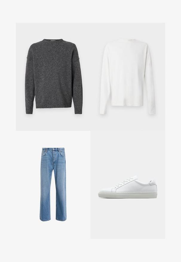 Maglione a maglia di un grigio scuro screziato, con maniche lunghe, scollo rotondo e polsini e orlo a coste, esposto su uno sfondo bianco.; Camicia bianca in cotone a maniche lunghe con scollatura rotonda, spacchi laterali in fondo e una texture liscia, mostrata da dietro.; Jeans in denim blu chiaro con design a gamba dritta, cinque tasche, chiusura con bottone, leggero sbiadimento e dettagli di cucitura a contrasto.; Sneaker bianco con tomaia in pelle liscia e profilo basso. Presenta una punta arrotondata, sei occhielli e una suola in gomma testurizzata.