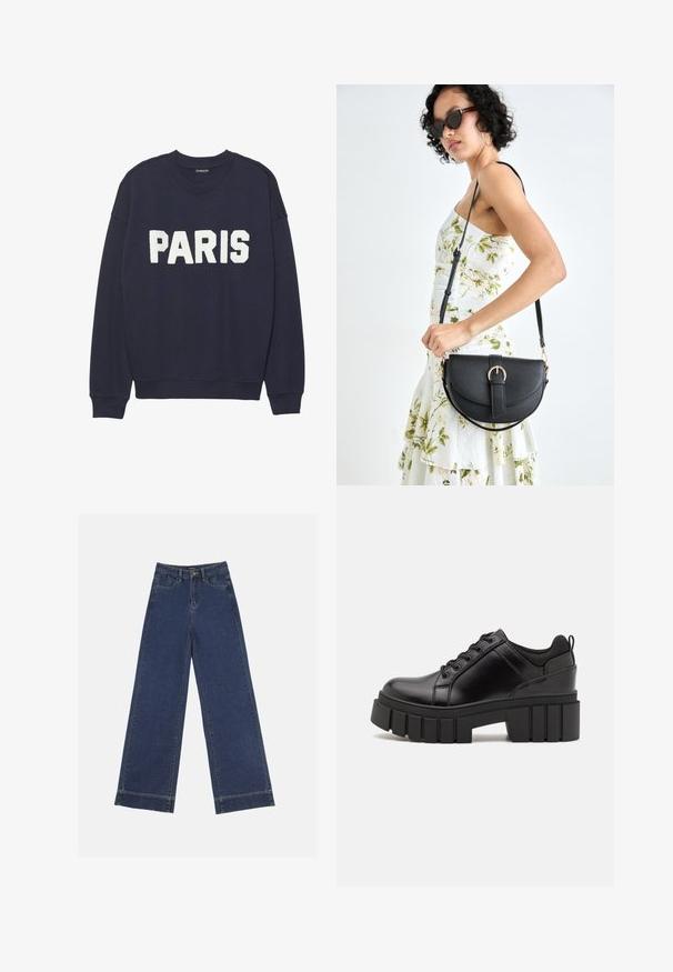 Sweatshirt bleumarin cu manșete și guler ribbed, având litere din fâșă albă care scriu "PARIS" pe față.; Jeans evazați din denim albastru închis. Au cinci buzunare, bucle pentru curea și o margine brută la baza, cu detalii de coasere vizibile.; Pantofi cu talpă plată din piele neagră, cu toc gros, vârf rotund și design tradițional cu șireturi. Prezintă o textură netedă și detalii minime.; Geantă din piele neagră, cu o formă curbată, curea detașabilă și accesorii aurii. Geanta are un capac cu un detaliu tip cataramă.