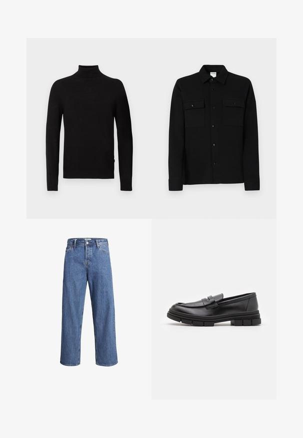 Črna dolg rokav turtleneck pulover s rebrastim ovratnikom, manšetami in robom, prikazan na beli podlagi.; Črna srajca s poletnim zapenjanjem iz gladkega materiala, ki ima dve žepu na prsih, ovratnik s točko in zapenjanje na manšetah. Enostaven dizajn z minimalnimi detajli.; Svijetloplave traperice s ravnim nogavicama, visokim strukom i minimalnim detaljima šivanja. Tkanina ima mekan, blago izblijedjeli izgled.; Črne usnjene loafersice z gladkim zaključkom, ki imajo sprednji trak in debel gumijast podplat z utori.