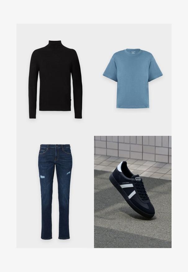 Crni dugi rukav turtleneck pulover s rebrastim ovratnikom, manžetama i rubom, prikazan protiv bijele pozadine.; Plavi kratki rukav majica, izrađena od pamuka, s okruglim izrezom i opuštenim krojem. Glatka tekstura, minimalistički dizajn, bez uzoraka ili akcenta.; Tamno plavi traperice ravnog kroja s iznošenim rupama na koljenima, tradicionalnim džepovima i vidljivim kontrastnim šavovima.; Crne kožne tenisice s bijelim prugama, strukturirana gumena potplate i vezanjem sprijeda. Ima oznaku brenda na jeziku.