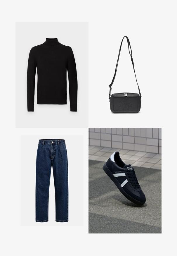 Sort langærmet turtleneck sweater med ribbet krave, manchetter og kant, vist på en hvid baggrund.; Mørkeblå denimjeans med lige ben-design. Har synlige syninger, en knaplukning og frontfoldninger for ekstra detalje.; Sort lædersneaker med hvide striber, tekstureret gummisål og snørrebånd foran. Har et brandet mærke på tungen.; Sort læder crossover taske med lynlåslukning, præget logo på fronten og justerbar rem. Glat tekstur med rektangulær form.