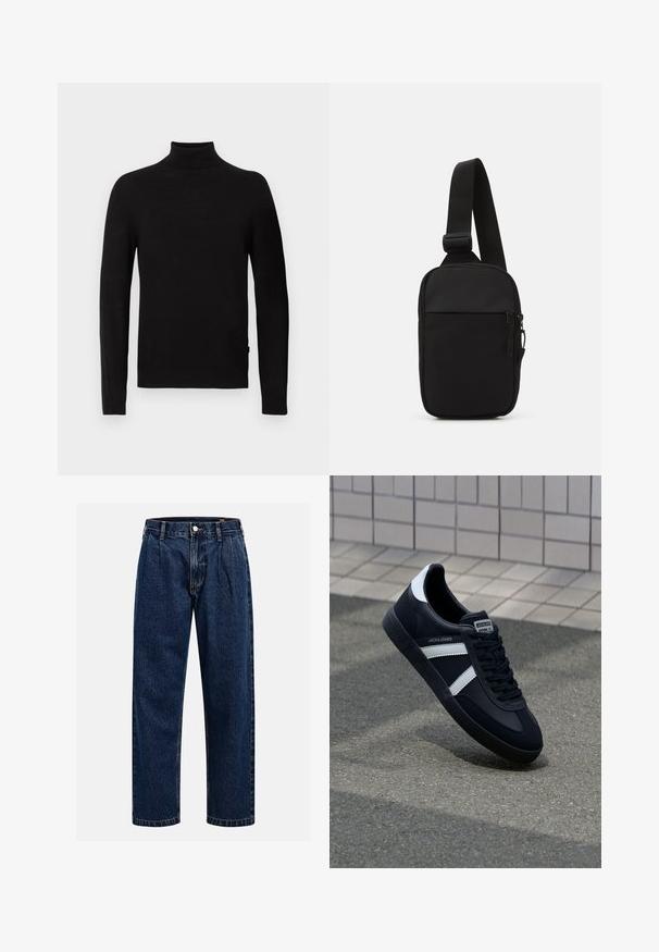 Svart langermet genser med høy hals, med ribbestrikket krage, mansjetter og kant, vist mot en hvit bakgrunn.; Mørkeblå denimjeans med rett ben-design. Har synlige sømmer, knappestengning og frontfolder for ekstra detaljer.; Sorte lærersneaker med hvite striper, teksturert gummihæl og snøring foran. Har et merketikett på tungen.; Svart skulderveske laget av slitesterkt stoff, med en justerbar stropp, en glidelåslukking på hovedrommet og en frontlomme.