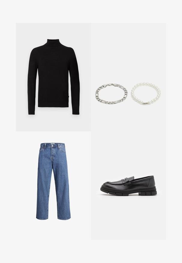 Sort langærmet turtleneck sweater med ribbet krave, manchetter og kant, vist på en hvid baggrund.; Lysblå denimjeans med en lige ben-design, høj talje og minimale syninger. Stoffet har en blød, let falmet tekstur.; Sorte læder loafers med en glat finish, der har en frontrem detalje og en kraftig gummisål med rillletaccents.; Sølv kædearmbånd til venstre med forlængede led; perlearmbånd til højre, bestående af runde hvide perler med en sølvdetalje.
