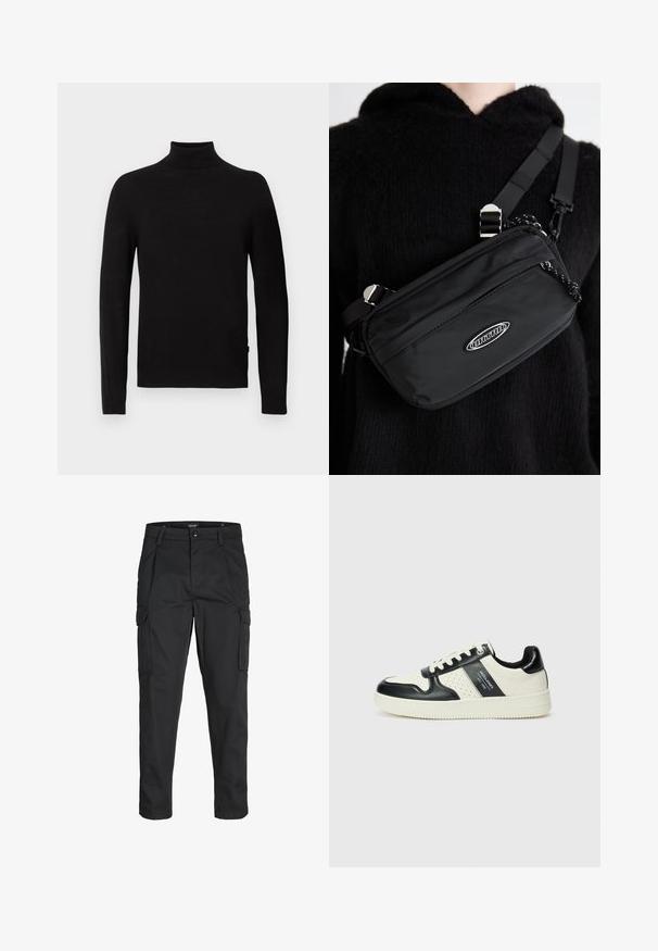 Schwarzer Langarm-Turtleneck-Pullover mit geripptem Kragen, Bündchen und Saum, vor einem weißen Hintergrund präsentiert.; Schwarze Cargo-Hose aus robustem Material, mit mehreren Taschen, einem Knopfverschluss und einem Slim-Fit-Design mit schmal zulaufenden Beinen.; Leder-Sneaker in Schwarz- und Cremetönen, mit perforierten Akzenten, einem gepolsterten Kragen und einer strukturierten Laufsohle.; Schwarze Nylon-Crossbody-Tasche mit verstellbarem Gurt, ausgestattet mit einer glatten Textur, einer vorderen Reißverschlusstasche und einem Logo-Detail.