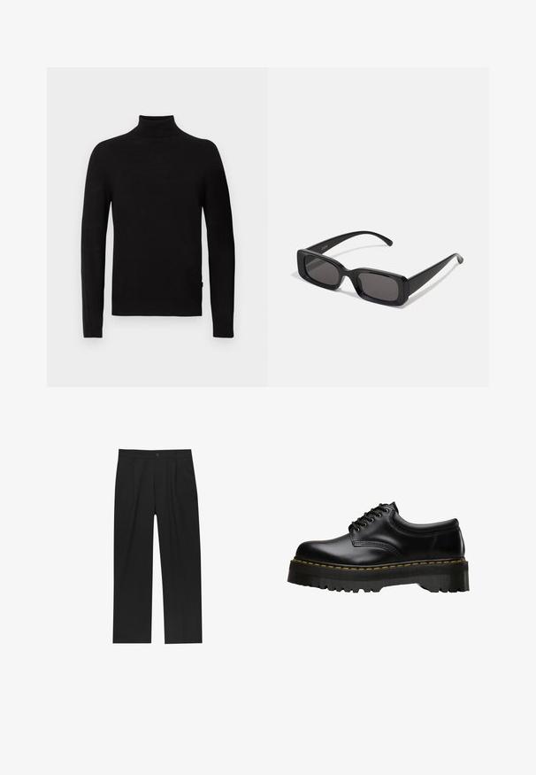 Maglione nero a maniche lunghe con colletto alto, polsini e orlo a coste, esposto su uno sfondo bianco.; Pantaloni neri con un design a gamba dritta, realizzati in un tessuto liscio. Presentano pieghe frontali e una chiusura a un bottone in vita.; Scarpa nera in pelle con lacci, dotata di una soletta in gomma nera spessa e seghettata e cuciture gialle lungo il bordo, con una finitura liscia.; Occhiali da sole neri rettangolari con lenti scure, finitura lucida, aste larghe e design della montatura spessa. Nome del marchio inciso su un'asta.; Borsa a tracolla in pelle nera con patta, due fibbie argentate, cuciture gialle e tracolla regolabile. Presenta una texture liscia e un design compatto.