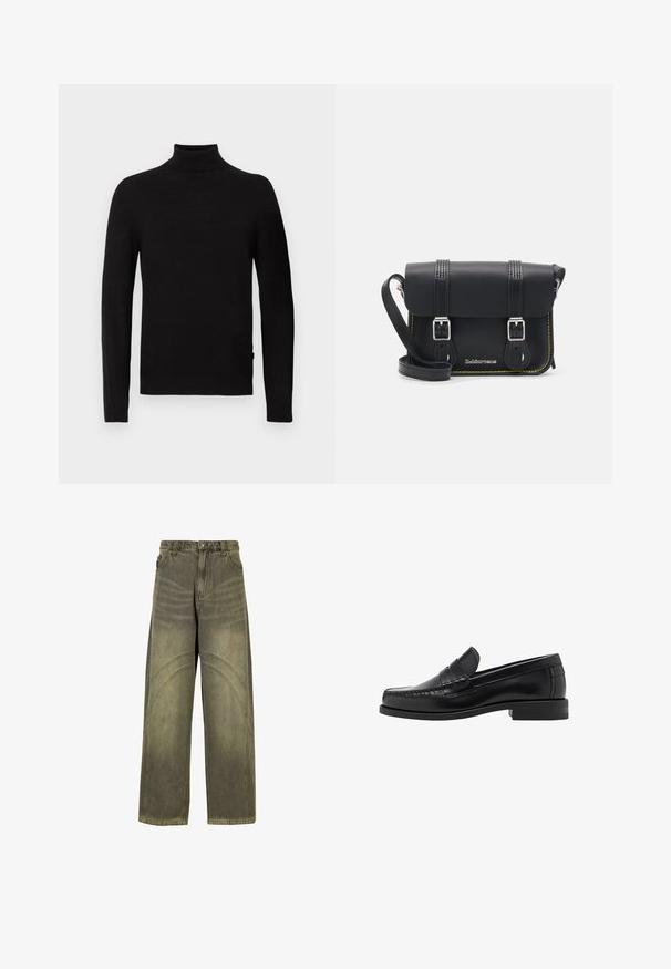 Schwarzer Langarm-Turtleneck-Pullover mit geripptem Kragen, Bündchen und Saum, vor einem weißen Hintergrund präsentiert.; Olivengrüne Jeans mit weitem Bein aus Denim, ausgestattet mit geschwungenen Nahtakzenten, klassischen Knopfverschluss und einem verwaschenen Finish.; Schwarze Lederloafer mit glatter Oberfläche, genähten Details an der Zehe und einem flachen Absatzdesign für Komfort und Stil.; Schwarze Leder-Crossbody-Tasche mit Klappe, zwei silbernen Schnallen, gelben Nähten und einem verstellbaren Tragegurt. Hat eine glatte Textur und ein kompaktes Design.