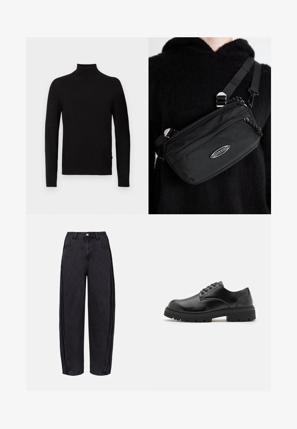 Crni dugi rukav turtleneck pulover s rebrastim ovratnikom, manžetama i rubom, prikazan protiv bijele pozadine.; Crne široke traperice izrađene od denima s glatkom teksturom. Imaju visok struk, prednje džepove i zatvaranje na gumbe na struku.; Crne kožne cipele s okruglim vrhom, dizajn s vezicama i debelim, teksturiranim gumenim potplatom. Imaju šavove uz rub i glatku završnu obradu.; Crna najlon crossbody torba s podesivom trakom, koja se odlikuje glatkom teksturom, prednjim džepom na patentni zatvarač i logotipom kao akcentom.
