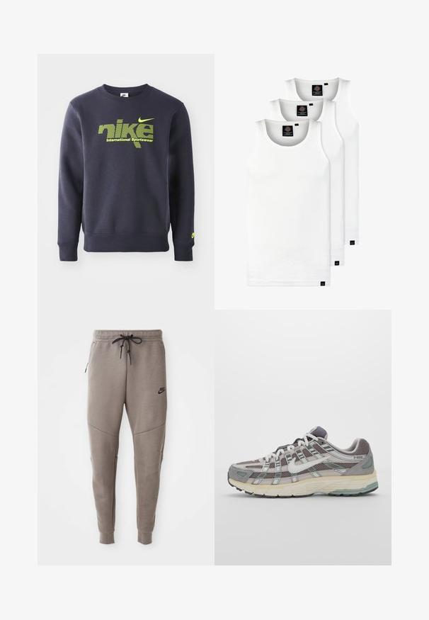 Jūras spēku zils džemperis, izgatavots no kokvilnas maisījuma, ar neona zaļu logo un tekstu "nike international sportswear" uz krūtīm, ribota aproce un apakšmala.; Trīs baltas ribotas krūšturi, kas izgatavoti no kokvilnas. Iezīmēti ar apaļu kakla izgriezumu un maziem melniem etiķetēm tuvu apakšmalai. Pieejami vairākos izmēros.; Pelēki Nike sporta bikses ar aukliņu viduklī, sašaurinātiem galiem, sānu kabatām un izteiktām šuvēm. Mīksta, teksturēta auduma.; Pelēkie sporta apavi ar tīkla un zamša augšdaļu, baltiem akcentiem, mīkstinātu zoli un izcilu dizainu ar atstarotājiem.