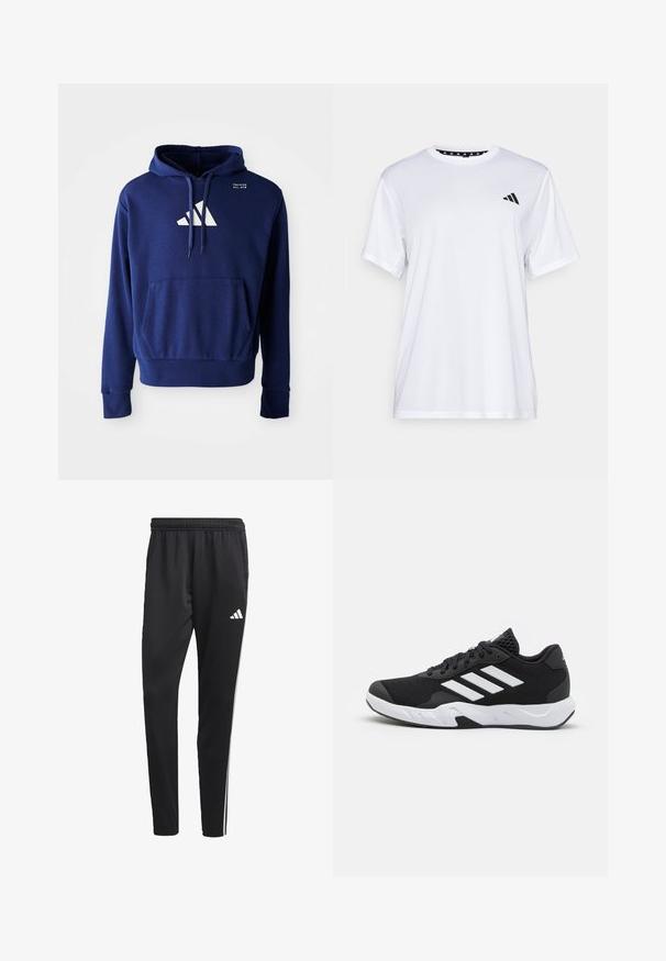 Felpa blu navy con tasca a canguro, cappuccio regolabile con lacci e logo bianco con tre strisce diagonalmente sulla parte anteriore. Tessuto morbido.; Maglietta sportiva bianca a maniche corte, realizzata in tessuto traspirante. Presenta un logo nero sul lato sinistro del petto e un collo interno a fantasia.; Pantaloni sportivi neri con una cintura elastica, strisce laterali bianche e un piccolo logo bianco sulla coscia. Realizzati in un materiale liscio e leggero.; Scarpe da ginnastica nere con una tomaia in mesh texturizzata, strisce bianche di accento, suola imbottita e tallone rinforzato per supporto.