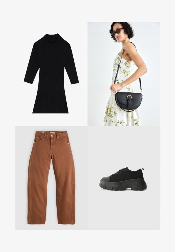 Vestido negro de punto acanalado con cuello alto y mangas tres cuartos, que presenta una silueta ajustada que se ensancha en el dobladillo.; Jeans rectos color marrón óxido con bolsillos frontales y traseros, remaches de metal, cierre de botón y trabillas para el cinturón, colocados sobre un fondo blanco.; Zapatillas negras con suela de goma gruesa, parte superior de tela texturizada, punta redonda y diseño con cordones. Presenta ojales reforzados y tirador en la parte trasera.; Bolso de piel negra con forma curva, correa desmontable y herrajes dorados. El bolso cuenta con una solapa con un detalle de hebilla.