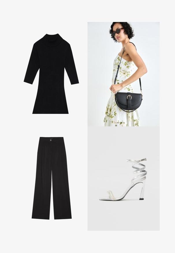 Vestido preto de malha canelada com gola alta e mangas três-quartos, apresentando uma silhueta ajustada que alarga na barra.; Calças largas pretas com pregas, apresentando um fecho de botão e dois bolsos laterais; textura suave com um design ajustado.; Sandalha de salto alto prateada com um design de tira brilhante, apresentando um detalhe semelhante a uma pérola e uma tira de tornozelo espiralada para um ajuste seguro.; Bolsa de couro preta com forma curva, alça destacável e detalhes em dourado. A bolsa possui uma aba com detalhe de fivela.