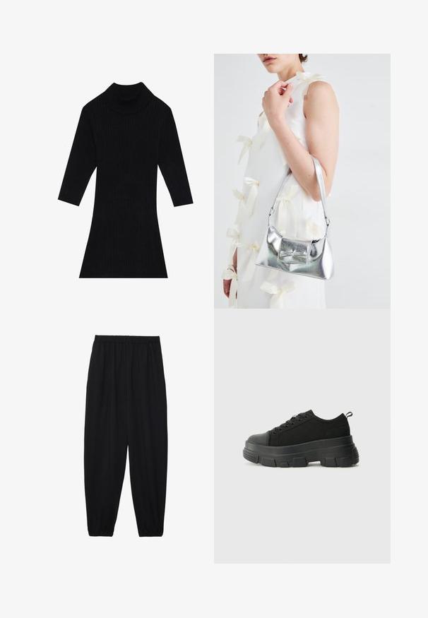 Vestido preto de malha canelada com gola alta e mangas três-quartos, apresentando uma silhueta ajustada que alarga na barra.; Calças pretas, leves, com um cinto elástico e punhos franzidos. O tecido é suave e apresenta um design relaxado e afunilado.; Sneakers pretos com sola de borracha robusta, parte superior de tecido texturizado, bico redondo e design de atacadores. Apresenta ilhós reforçados e uma alça na parte posterior.; Bolsa metálica prateada com uma forma estruturada, apresentando uma alça superior e um detalhe de laço na frente. Textura suave, acabamento reflexivo.