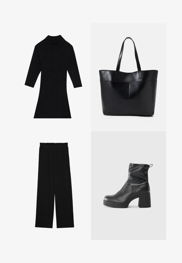 Mustast ribadega kudum vestido kõrge kaelusega ja kolmeveerandi varrukatega, millel on sobiv siluett, mis laieneb hemist.; Mustad laiad püksid rüüstatud vöökohtadega, millel on kaks küljetaskut ja ühetaoline, kerge kangas. Ilma nähtavate mustrite või seadmeteeta.; Mustad mustad ansapüksid, mis on valmistatud siledast nahast, külje zipperiga, paksu tekstuuriga kontsaga ja ümmarguse nina disainiga.; Must mustaga musta nahast, millel on kaks pikka kanda, sile tekstuur ja struktureeritud kuju. Esipoolsel on lisakoti jaoks tasku.