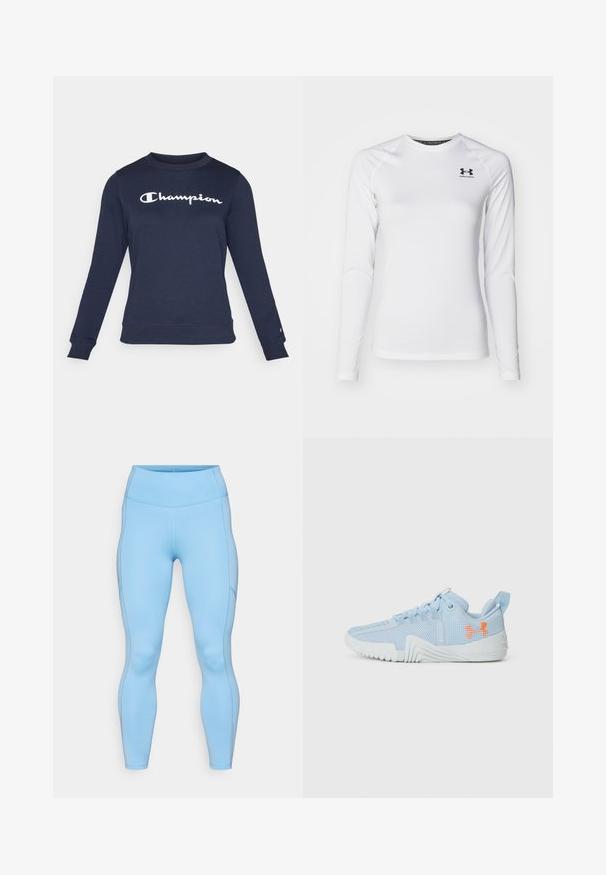 Dunkelblauer Sweatshirt aus Baumwollmischung, mit langen Ärmeln, Rundhalsausschnitt und einem weißen "Champion"-Logo, das auf der Brust zentriert ist.; Langärmliges weißes Sportshirt aus glattem Stoff, mit Rundhalsausschnitt und schwarzem Logo auf der oberen linken Brust.; Helle blaue Leggings aus dehnbarem Stoff. Mit hohem Bund, glattem Material und geschwungenen Nähten entlang der Beine.; Hellblaue Sportschuhe aus Mesh-Material mit einer strukturierten Sohle, ausgestattet mit einem orangefarbenen Logo und Schnürdesign.