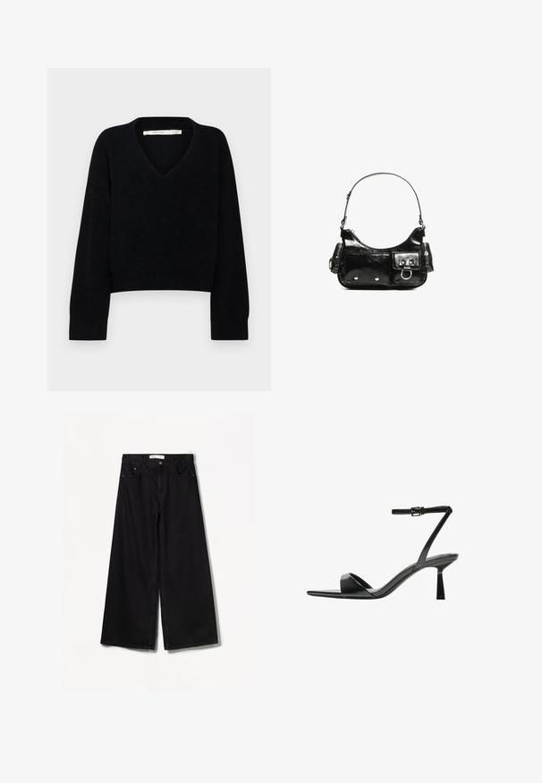 Fekete, rövidített pulóver V-nyakkal és hosszú ujjal. Puha anyagból készült, textúrált felülettel. Minimalista dizájn, látható fémalkatrészek nélkül.; Bershka WIDE-LEG - Széles szárú - black; Bershka Magas sarkú szandálok - black; Fekete lakkbőr kézitáska ívelt formával, egy vállpánttal, elülső zsebekkel és ezüstszínű fémrészletekkel.