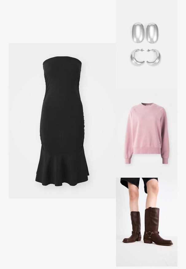 Svetloružový crewneck sveter s raglánovými rukávmi, rebrovanými manžetami a lemom, vyrobený z mäkkej tkaniny. Obsahuje malú logo nášivku na boku.; Čierne bezramienkové šaty vyrobené z elastického materiálu, s naťahovaním po stranách a rozšíreným lemom. Hladký povrch s priliehavým strihom.; Hnedé kožené vysoké čižmy s okrúhlou špičkou, štruktúrovaným povrchom, opaskom okolo členka a detailmi zo strieborného kovu; s vysokým podpätkom.; Súprava strieborných náušníc: dva oválne pecky a dva polkruhové kruhy, s lesklým, hladkým povrchom a zaobleným tvarom.