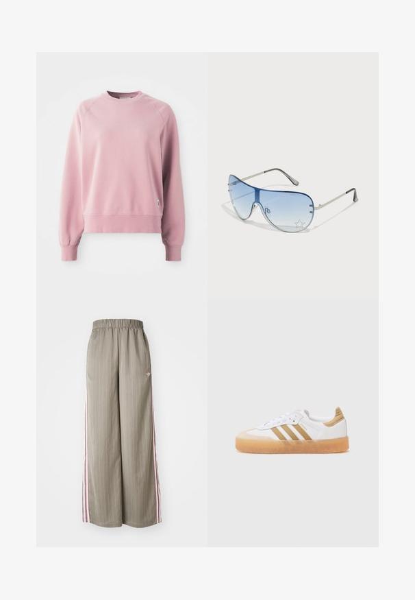 Vaaleanpunainen crewneck-huppari, jossa on raglan-hihat, ribatut hihansuut ja helma, valmistettu pehmeästä kankaasta. Sivussa on pieni logotägi.; Vaalean oliivinvihreät leveät housut, joissa on pystysuorat raidoitukset, joustava vyötärö ja vaaleanpunaiset sivuraidat. Housuissa on pieni logo lantiolla.; Valkoiset tennarit, joissa on vaaleanbeigejä yksityiskohtia, joissa on kolme raitaa, pyöreä kärki ja läpinäkyvä kumipohja. Valmistettu sileästä nahasta ja tekstiilimateriaaleista.; Aviator-mallin aurinkolasit, jotka ovat varustettu gradienttisilla sinisillä linsseillä, hopeisella metallikehyksellä ja koristeellisilla tähtikoristeilla linsseissä. Joustava ja viehättävä muotoilu.
