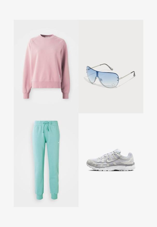 Heledad roosa ümmarguse kaelusega dressipluus raglanvarrukatega, soonikkoes mansetid ja allserv, valmistatud pehmest kangast. Küljel on väike logotag.; Müntrohelised dressipüksid elastse vöökohtaga, stringiga ja soonikuga randmetel. Vasakul reiel on väike valge Nike logo.; Heledad hallid spordijalatsid, millel on sidesilmustega ja sünteetilisest ülemisest osa, pehme krae ning tekstuuriga põhi, mis tagab haarduvuse.; Aviatori prillid, millel on gradient sinine objektiiv, hõbedane metallraam ja dekoratiivsed staaraktsendid objektiivil. Sujuv ja stiilne disain.
