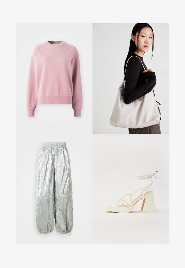 Sweatshirt rosa claro de gola redonda com mangas raglan, punhos e barra em ribana, feito de um tecido suave. Apresenta uma pequena etiqueta de logotipo na lateral.; Calças cargo leves prateadas com um tom brilhante, faixa elástica na cintura, punhos franzidos e dois grandes bolsos frontais.; Sandálias brancas de salto alto com um salto robusto, apresentando um design com tiras e amarração no tornozelo. Textura suave com uma plataforma na frente para altura adicional.; Uma bolsa bege feita de material macio, com um design descontraído, detalhes de costura e duas alças para o ombro. Adequada para uso diário.