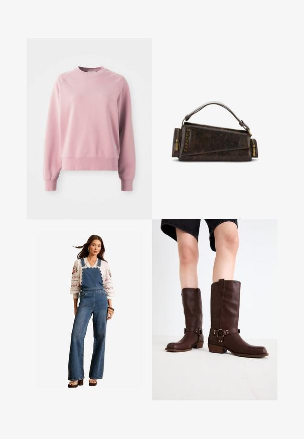 Světle růžová mikina s kulatým výstřihem a raglánovými rukávy, se žebrovanými manžetami a spodním lemem, vyrobená z měkké tkaniny. Obsahuje malou logovou nášivku na boku.; Džínové šortky s vlnkovým designem na přední části, rozšířenými nohavicemi a bočními kapsami. V kombinaci s bílou vyšitou blůzou a dřevěnými doplňky.; Hnědé kožené vysoké boty ke kolenům s kulatou špičkou, texturovaným povrchem, řemínkem kolem kotníku a detailem ze stříbrného kovu; na podpatku.; Hnědá kožená kabelka s geometrickým designem, vybavená horním uchy a mosaznými zipovými detaily. Logo je vyraženo na boku.
