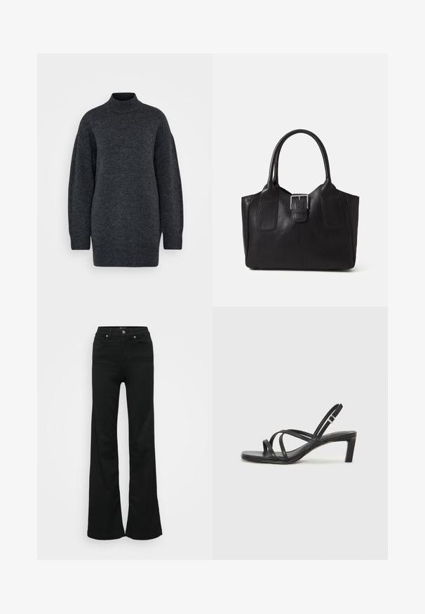 Vero Moda Tall VMIRIS ciemnoszary melanż; Czarne dżinsy w kształcie dzwonu wykonane z denimu, z wysokim stanem, pięcioma kieszeniami i metalowym zapięciem. Gładka faktura z minimalnym zdobieniem.; Czarne sandały na obcasie z prostokątnym noskiem i niskim słupkowym obcasem. Posiadają wiele cienkich pasków i regulowany pasek na kostkę. Wykonane z gładkiej skóry.; Czarna skórzana torba tote o gładkiej fakturze, usztywnionym kształcie, dwóch uchwytach oraz wyraźnym srebrnym zapięciu na przodzie.