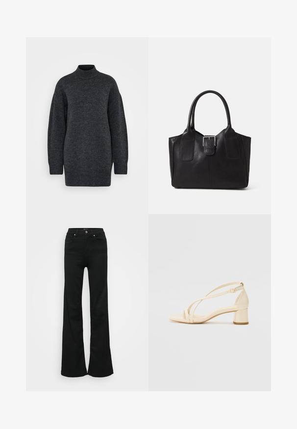 Vero Moda Tall VMIRIS HIGHNECK - Strickpullover - dark grey melange; Schwarze, ausgestellte Jeans aus Denim, mit hoher Taille, fünf Taschen und Metallknopfverschluss. Glatte Textur mit minimaler Gestaltung.; Beige Sandalen mit Absatz, Blockabsatz, Riemchen-Design und verstellbarem Knöchelriemen, aus glattem synthetischem Material mit matter Oberfläche.; Schwarze Leder-Tote mit glatter Textur, strukturiertem Design, zwei Griffen und einem auffälligen silbernen Schnallen-Detail auf der Vorderseite.