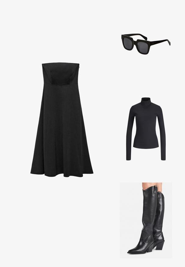 Črna rebrasta majica s turtleneck ovratnikom in dolgimi rokavi. Ozek kroj, mehak material in visok ovratnik. Brez vidnih vzorcev ali dodatkov. Preprost dizajn.; Črna brezramna obleka s prilegajočim korzetom in širšim, dolgem krilom, ki sega do tal. Narejena iz gladkega materiala brez vidnih vzorcev ali dodatkov.; Črne usnjene škornje do kolen s koničastim nosom, ukrivljenim steblom in debelim petkom. Imajo gladko teksturo in ušesca na vrhu.; Črne pravokotne sončna očala z debelimi plastičnimi okvirji in temnimi lečami. Ročaji so elegantni s sijočo površino in minimalnim blagovnim znakom.; Črna usnjena torba s ukrivljeno zasnovo, z zlatimi dodatki in zgornjim ročajem. Ima eleganten zapirni mehanizem in gladko teksturo.