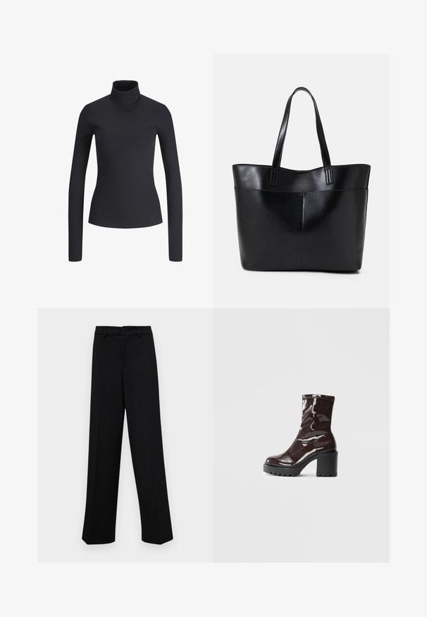 Black ribbed turtleneck top with long sleeves. Slim fit, soft texture, and high neck. No patterns or hardware visible. Simple design.; Black wide-leg trousers made of smooth fabric, featuring a classic waistband with a button closure and front pleats.; Glossy burgundy ankle boot with a chunky black heel, featuring a smooth texture and simple design. No visible fastenings or patterns.; Black leather tote bag with two long handles, a smooth texture, and a structured shape. Features a front pocket for additional storage.