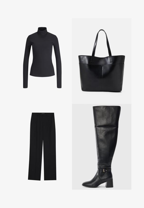 Mustreeritud must ribikate, millel on pikad varrukad. Siimpluutselt istuv, pehme tekstuur ja kõrge kaelus. Ei mingeid mustreid ega metallosade. Lihtne disain.; Mustad püksid sirgjoonelise disainiga, millel on kaks esist taskut ja muudatus. Valmistatud siledast, kergekaalulisest kangast.; Mustade põlve kõrged nahast saapad, millel on plokknõel ja dekoratiivne rihm koos kulla värvi lukuga üle pahkluu, külgvaade valgel taustal.; Must mustaga musta nahast, millel on kaks pikka kanda, sile tekstuur ja struktureeritud kuju. Esipoolsel on lisakoti jaoks tasku.