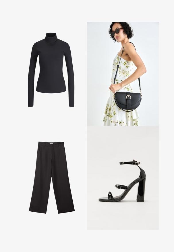 Czarny, prążkowany sweter z długim rękawem i golfem. Dopasowany krój, miękka tekstura i wysoki kołnierz. Brak widocznych wzorów i dodatków. Prosty design.; Czarne spodnie z szerokimi nogawkami, wykonane z gładkiego materiału, z przednim zamkiem błyskawicznym i dwoma bocznymi kieszeniami, o dopasowanym kroju i minimalistycznym wzornictwie.; Czarne lakierowane sandały na obcasie z kwadratowym noskiem, z paskami wokół kostki i srebrnymi klamrami. Posiadają masywny słupek dla stabilności.; Czarna skórzana torebka o zakrzywionym kształcie, z odpinanym paskiem i złotymi akcentami. Torebka posiada klapę z zapięciem w kształcie klamry.