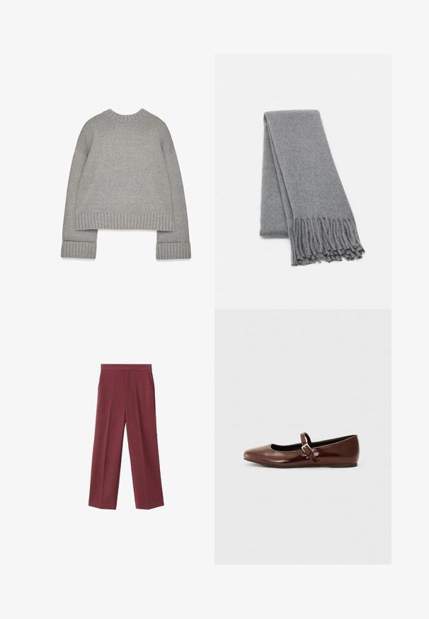 Hellgrauer gestrickter Pullover mit langen Ärmeln, gerippten Bündchen, Saum und Kragen, flach ausgelegt mit ausgestreckten Ärmeln.; Weinrote Hose mit weitem Bein aus glattem Material, ausgestattet mit seitlichen Taschen und einem hohen Taillendesign. Mit einem klaren vorderen Bügel gefaltet.; Braune Lackleder-Ballerinas mit quadratischer Zehenform und Riemen mit einer kleinen goldenen Schnalle. Glatte Textur, niedriger Absatz und minimalistisches Design.; Grau gestrickter Wollschal mit einer weichen Textur, mit fransigen Kanten und einem schlichten Design. Ordentlich gefaltet, wobei seine längliche Form zur Geltung kommt.