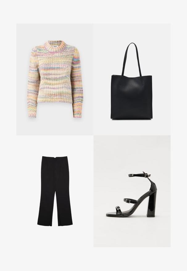Wielokolorowy sweter ręcznie robiony z ribbowanym teksturą, z wysokim kołnierzem, długimi rękawami i naprzemiennymi paskami w pastelowych odcieniach.; Czarne spodnie o prostym kroju, z przednimi kieszeniami i bocznymi rozcięciami na dole. Wykonane z miękkiego, gładkiego materiału. Odpowiednie na różne okazje.; Czarne lakierowane sandały na obcasie z kwadratowym noskiem, z paskami wokół kostki i srebrnymi klamrami. Posiadają masywny słupek dla stabilności.; Czarna skórzana torba tote o gładkiej fakturze, prostokątnym kształcie i dwóch długich uchwytach. Brak widocznych elementów metalowych i ozdób.