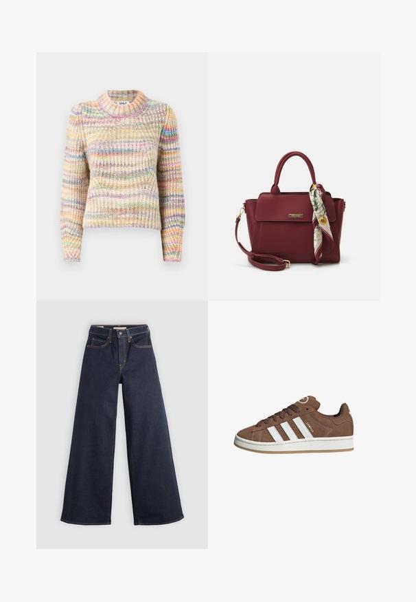 Multicolored knitted sweater with a ribbed texture, featuring a high neck, long sleeves, and alternating stripes in pastel hues.; Wide-leg denim jeans in dark blue with contrast stitching. Features traditional five-pocket design and a button closure at the waist.; Brown suede sneakers with white leather stripes, rubber sole, rounded toe, and lace-up front. Features a logo on the tongue and perforated accents.; Burgundy handbag made of synthetic material with a structured design, featuring a detachable strap and a floral-patterned scarf tied to the handle.