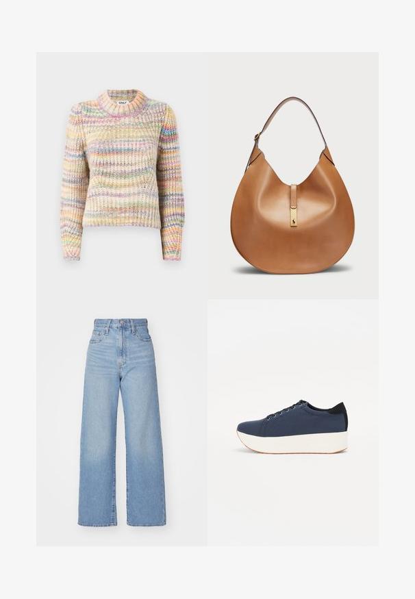 Többszínű kötött pulóver bordás textúrával, magas nyakkal, hosszú ujjakkal és pasztell árnyalatokban váltakozó csíkokkal.; Világoskék, magas derekú, bő szárú farmernadrág, elülső gombbal és cipzárral, elülső és hátsó zsebekkel, fehér háttérrel.; Sötétkék sportcipő, texturált szövet felsőrész, fehér platform talp, lekerekített orr és fekete sarok akcentussal. Hat fűzőlyuk található rajta.; Barna bőr kézitáska íves formával és széles vállpánttal. Középen arany fém díszítéssel és sima felülettel rendelkezik.