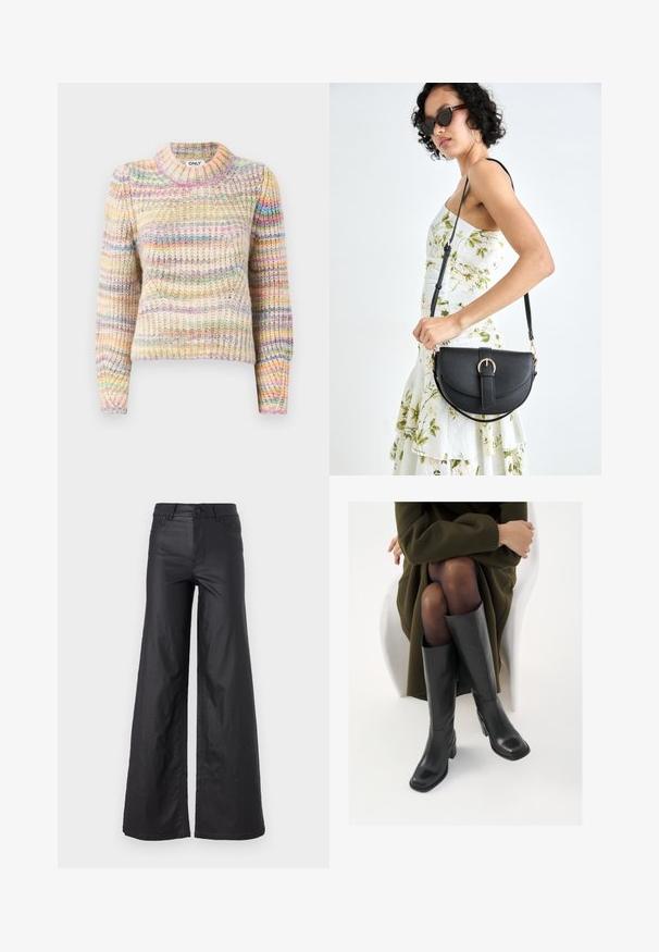 Maglione multicolore lavorato a maglia con una texture a coste, caratterizzato da un collo alto, maniche lunghe e strisce alternate in tonalità pastello.; Pantaloni neri a gamba larga in materiale similpelle. Presentano un vita alta, passanti per la cintura, due tasche frontali e dettagli cuciti.; Stivali neri in pelle alti fino al ginocchio con punta squadrata e tacco a blocco, mostrati con un modello seduto in un cappotto verde oliva. Texture liscia, dettagli minimi.; Borsa a tracolla nera in pelle con una forma curva, manico rimovibile e accessori dorati. La borsa presenta una patta con un dettaglio a fibbia.