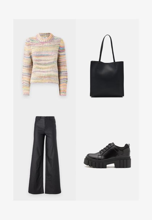 Mitmevärviline kudumisen sviiter soonikuga tekstuuriga, millel on kõrge kaelus, pikad varrukad ja vahelduvad triibud pastelsetes toones.; Mustad, laiad püksid kunstnahast. Omab kõrget vööd, vöökotte, kahte esipoolset taskut ja õmmeldud detaile.; Must musta platvormsussid paksu plokkninal, ümmarguse varbaga ja traditsioonilise nööridega kinnitamisega. Sussid on sileda tekstuuriga ja minimaalsete detailidega.; Mustast nahast kott sujuva tekstuuriga, ristkülikukujuline ja kahe pika sangaga. Pole nähtavat riistvara ega kaunistusi.