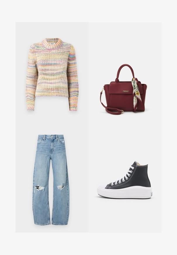 Multicolored knitted sweater with a ribbed texture, featuring a high neck, long sleeves, and alternating stripes in pastel hues.; Light blue, high-waisted jeans made of denim. Feature wide legs, two torn knee areas, and classic five-pocket styling.; Black high-top sneaker with white laces and rubber sole. Features a smooth leather texture and white stitching accents.; Burgundy handbag made of synthetic material with a structured design, featuring a detachable strap and a floral-patterned scarf tied to the handle.