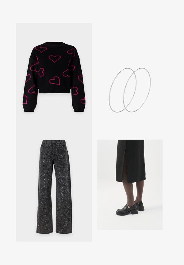 ONLY ONLHAPPIE HEART O NECK - Pulover - black; Noisy May NMJANNEL LOOSE - Široke kavbojke - black denim; Črne usnjene čevlje s zaobljenim prstom, debelim blokastim petama in elastičnimi stranskimi detajli, v kombinaciji s temno nogavicami in črno krilo z razporkom.; Srebrne uhane v obliki obroča z minimalističnim dizajnom. Krožna oblika, gladka tekstura in tanek profil. Lahki s poliranim zaključkom.
