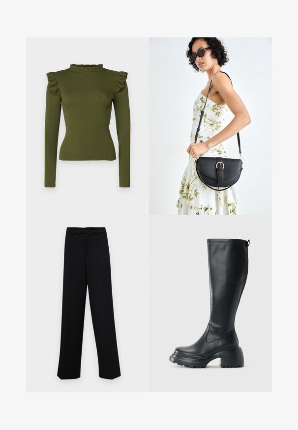 Tops à manches longues côtelées vert olive avec un col montant froncé et des accents sur les épaules, fabriqué dans un tissu extensible pour une silhouette ajustée.; Pantalons larges noirs en tissu lisse, avec une taille classique à fermeture à bouton et des plis sur le devant.; Botte en cuir noir haute avec semelle plateforme épaisse et talon carré, dotée d'une languette et d'un motif texturé sur la semelle extérieure.; Sac à main en cuir noir avec une forme courbée, bandoulière amovible et des accessoires en or. Le sac est doté d'un rabat avec un détail de boucle.