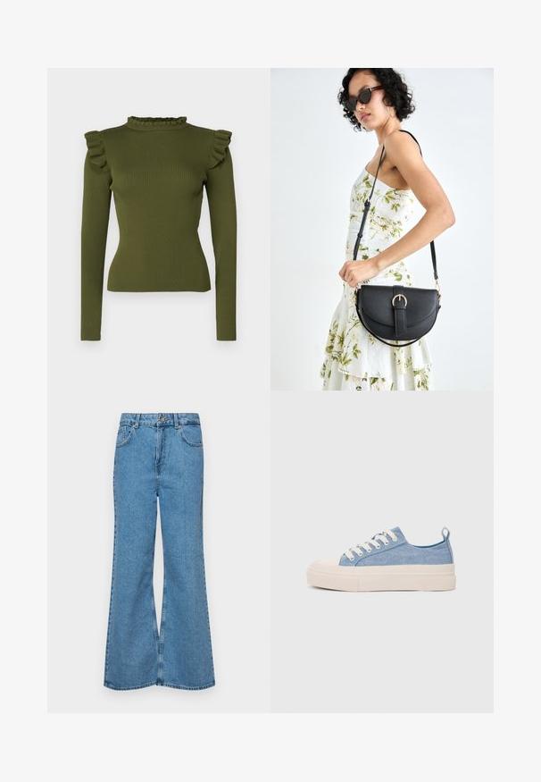 Top de manga larga acanalado verde oliva con cuello tipo alto con volantes y detalles en los hombros, confeccionado en una tela elástica para un ajuste ceñido.; Jeans acampanados de color azul claro hechos de denim, con una cintura alta, cinco bolsillos y un cierre de botón. Textura suave con acabado desgastado.; Zapatillas de lona azul claro con una puntera y suela de goma crema, que cuentan con cordones blancos y una lengüeta en el talón.; Bolso de piel negra con forma curva, correa desmontable y herrajes dorados. El bolso cuenta con una solapa con un detalle de hebilla.