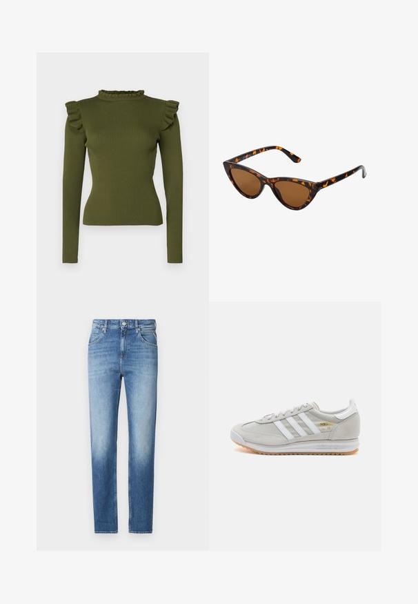 Tops à manches longues côtelées vert olive avec un col montant froncé et des accents sur les épaules, fabriqué dans un tissu extensible pour une silhouette ajustée.; Jean en denim bleu clair avec une coupe droite, texture délavée, cinq poches et une fermeture à bouton à la taille. Détails de couture distinctifs.; Basket en cuir suédé et mesh gris clair, avec trois bandes blanches, bout rond et semelle en caoutchouc naturel. Accent logo doré près des lacets.; Lunettes de soleil style œil de chat avec une monture en écaille de tortue noire et orange, verres marron et pointes effilées et élégantes. Présente un logo minimaliste sur la branche.