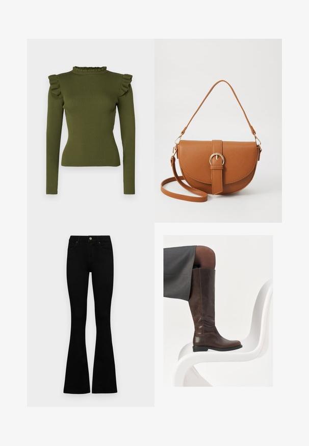 Top a maniche lunghe verde oliva a coste con colletto arricciato e dettagli sulle spalle, realizzato in un tessuto elasticizzato per una silhouette aderente.; Jeans neri a vita alta con chiusura a bottoni e zip, tasche frontali e gambali svasati, distesi su uno sfondo bianco.; Stivale in pelle marrone alto fino al ginocchio con punta arrotondata, superficie liscia e dettagli di cucitura minimi, posato su uno sfondo chiaro su una sedia bianca.; Borsa a tracolla in pelle marrone con forma curvata, hardware dorato e un dettaglio con fibbia. Presenta una tracolla rimovibile.
