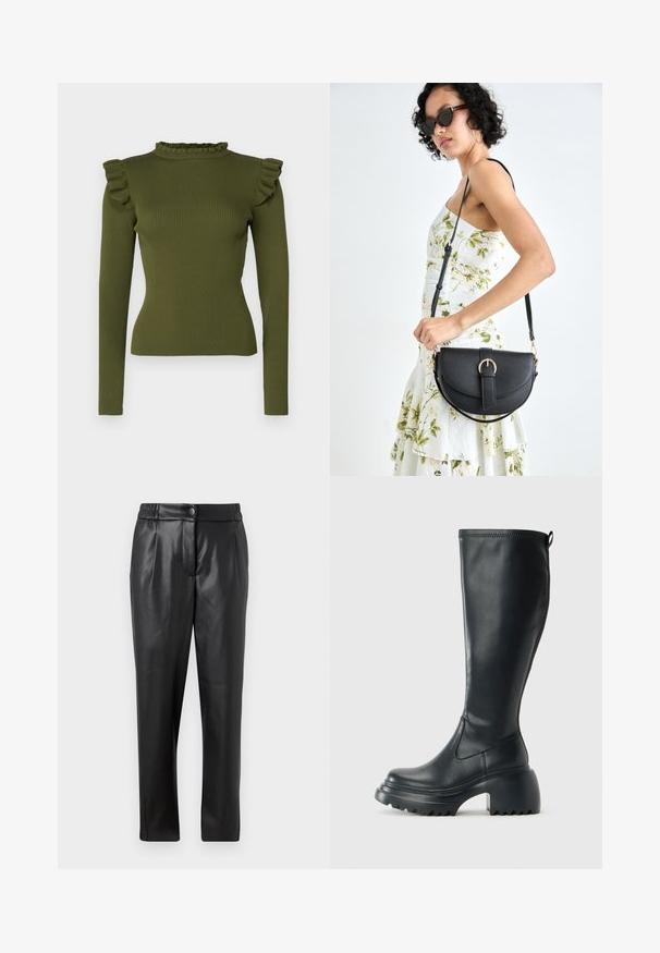 Olíva zöld bordázott, hosszú ujjú felső, fodros álbőr nyakkal és vállbetétekkel, rugalmas anyagból készült, hogy fitted silhuettet biztosítson.; Fekete bőr nadrág sima textúrával, egyenes szabással, rugalmas derékkal és elülső gombos záródással; pliszírozott részletezéssel és szűkített lábakkal.; Magas fekete bőrcipő, vastag platform talppal és blokk sarokkal, húzófüllel és texturált profillal az outsole-on.; Fekete bőrtáska ívelt formával, levehető pánttal és arany színű fémrészekkel. A táskán egy csattal díszített fedél található.